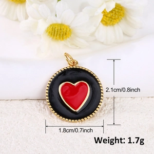 Detail view of 18k gold plated black and red heart pendant with size and weight info