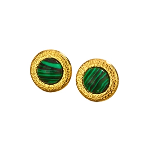 Vintage round 18K gold-plated titanium earrings with malachite stripe inlay