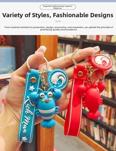 Cartoon lobster keychains in red and blue PVC with Rich Man strap and gold metal clasp
