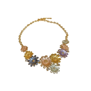 Colorful enamel daisy flower necklace with gold chain and lobster clasp on white background