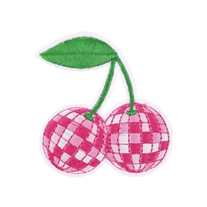 Pink checkered cherry embroidery patch for children clothing accessories on white back