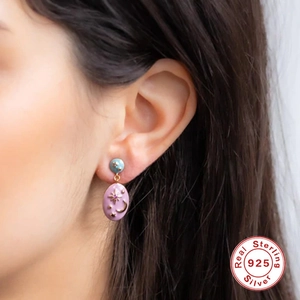 Asymmetric S925 sterling silver celestial earrings with enamel star and moon drops