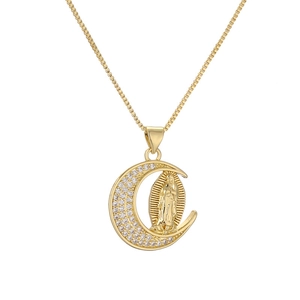 Gold plated moon necklace with Virgin Mary pendant and sparkling crystals on box chain