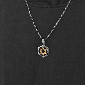 Men's octagonal hexagram pendant necklace in stainless steel worn on black outfit