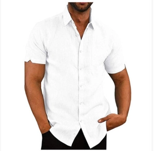 Men's short sleeve white linen shirt with button-down collar and textured fabric