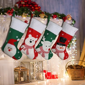Christmas Stockings Polyester Felt Faux Fur Cartoon Santa Snowman Reindeer Polar Bear For Holiday Fireplace Home Decoration