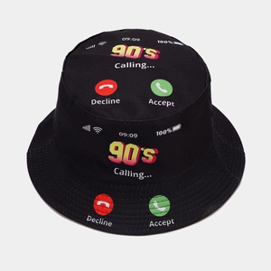 Reversible black bucket hat with vintage 90's calling screen print and icons