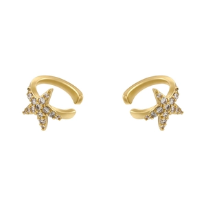 Macro detail of gold star ear cuffs with sparkling clear cubic zirconia crystals