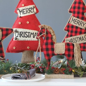 Plaid fabric Christmas tree and reindeer table decor with Merry Christmas text