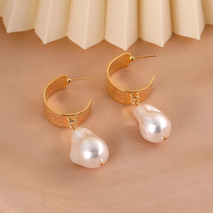 French vintage baroque pearl earrings with golden U-shaped water ripple metal hoops