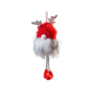 Gnome de Noël suspendu avec bonnet rouge, bois argentés et longues jambes en corde tressée