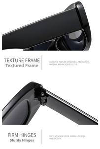 Detail showing high-gloss black square sunglasses with firm metal hinges and wide temples