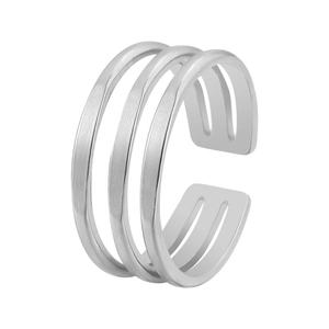 Minimalist silver-toned triple band open ring in polished stainless steel for women