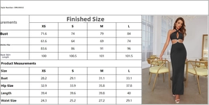Size chart showing bust and waist measurements for black halter cut-out dress