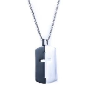 Pendentif croix bicolore noir et argent en acier inoxydable avec collier pour homme