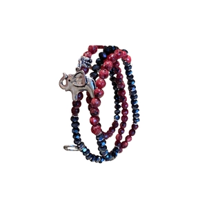 Three-layer bohemian bracelet with red rhodochrosite beads and silver elephant charm