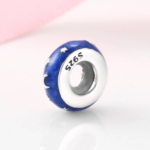 S925 sterling silver star and moon charm with blue enamel for DIY charm bracelets