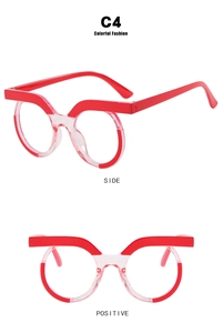Front and side views of stylish C4 round owl blue light blocking glasses in red and pink