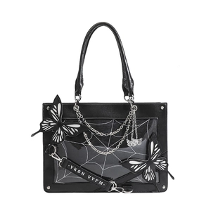 Gothic black ita bag with spider web pattern, metal chains and butterfly ornaments
