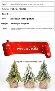 Detailed specs of the mini snow-flocked Christmas tree with a rustic burlap base