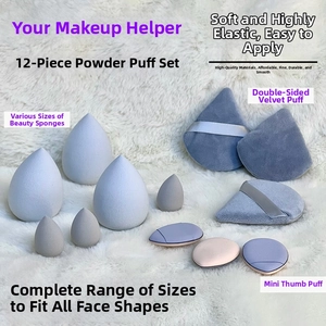 Detailed 12-piece makeup sponge set including beauty blenders and thumb puffs in pastel tones