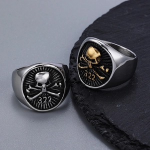 Men's stainless steel pirate skull rings with 322 embossing in silver and gold-tone