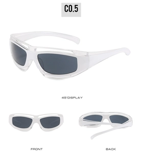 Three-view display of sports sunglasses showing 45-degree angle, front, and back views