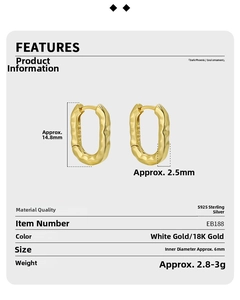 Detailed size parameters of S925 sterling silver oval hoop earrings with hammered texture