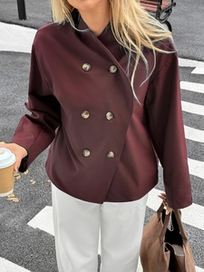 Women's burgundy double-breasted PU leather jacket for casual autumn and winter fashion