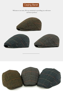 Detail view of winter wool herringbone flat cap with vintage plaid texture and stitching