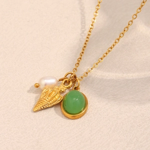 18K gold plated stainless steel necklace with seashell, green gemstone and pearl charms