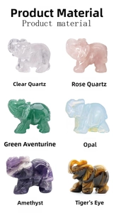 Macro shot of assorted natural crystal elephants including Amethyst and Tiger's Eye stones