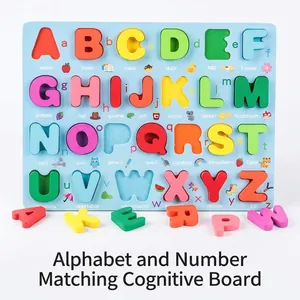 Wooden Alphabet Number Shape Matching Puzzle Board Montessori Educational Learning Toy For Toddler Multicolor