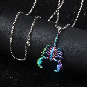 Hip hop rainbow stainless steel scorpion pendant necklace with silver box chain