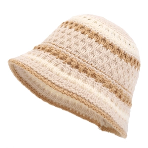 Contrast striped knit bucket hat in beige and tan with waffle texture for winter warmth