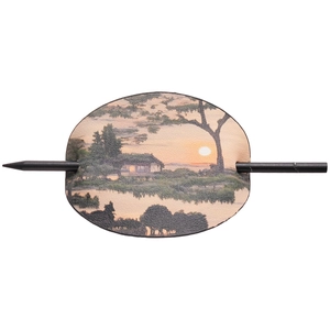 Eleganter Haarschmuck aus Leder mit gemalter Sonnenuntergang-Landschaft und Haarstab