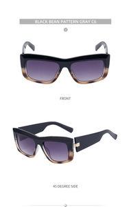 Front and side macro views of cat-eye sunglasses in gray C6 gradient and high-quality frames