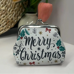Mini Christmas coin purse with vintage metal clasp and Merry Christmas leather print