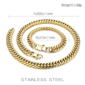 Detail of gold-plated stainless steel Cuban link set showing necklace and bracelet size spec