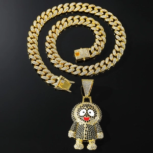 Hip hop iced out cartoon pendant with gold Cuban link chain necklace for men and trendsetters