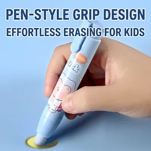 Retractable pen-style eraser in light blue with cute cartoon bear and white rubber tip