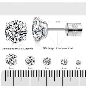 Round Cubic Zirconia Stud Earrings With Surgical Stainless Steel Screw Back Anti Loss Unisex Classic Elegant Piercing