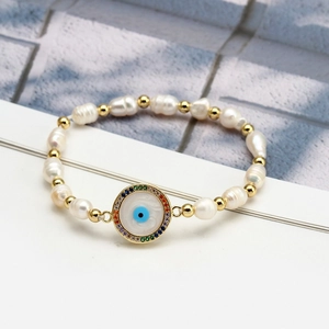 Bohemian Evil Eye freshwater pearl bracelet with colorful zircon pendant and gold beads