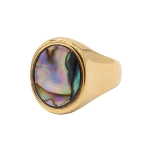Vintage Signet Ring Gold Plated Stainless Steel With Oval Iridescent Abalone Shell Inlay Geometric Jewelry For Men Women
