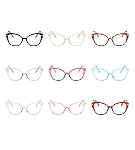 Cat-eye glasses frames shown in nine distinct colors from black to transparent