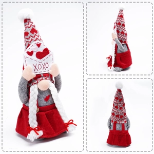 Three-sided view showing details of a Valentine's gnome with XOXO envelope and knitted hat