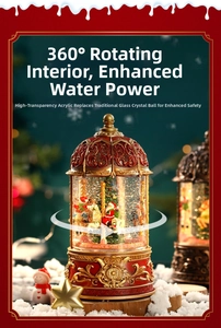 Macro detail of red vintage Christmas music box with a 360-degree rotating inner scene