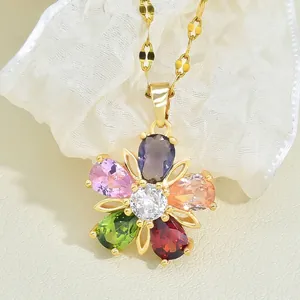 Exquisite five-petal flower pendant necklace with colorful zircons on gold chain