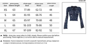Detailed size chart for women's V-neck lace long sleeve top showing measurements in centimeters