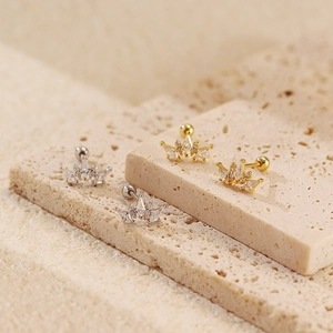 Macro view of gold and silver crown stud earrings with sparkling cubic zirconia stones